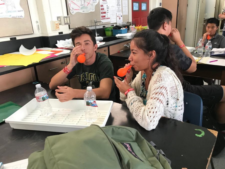Students at a STEAM  meeting doing a Halloween stressball project. Photo by Gillian Hodgden. 