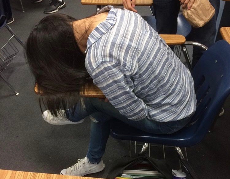 Senior Janet Kim catches a quick power nap during class. Photo by Julianna Enders.

