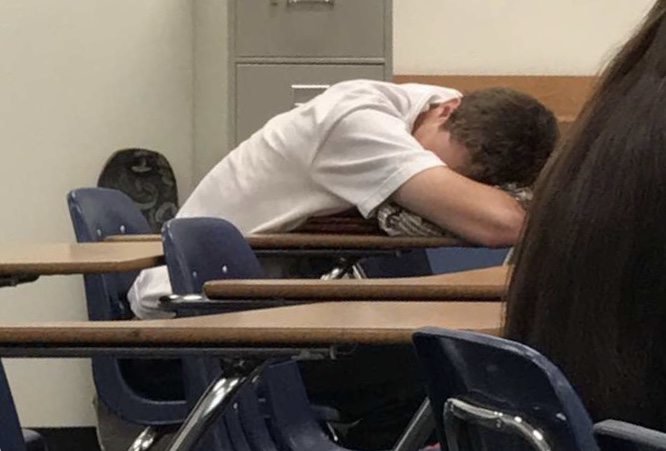 Senior Rory Burt exhibits early symptoms of Senioritis---the classic in-class nap. Photo courtesy of Melanie Pinzon.