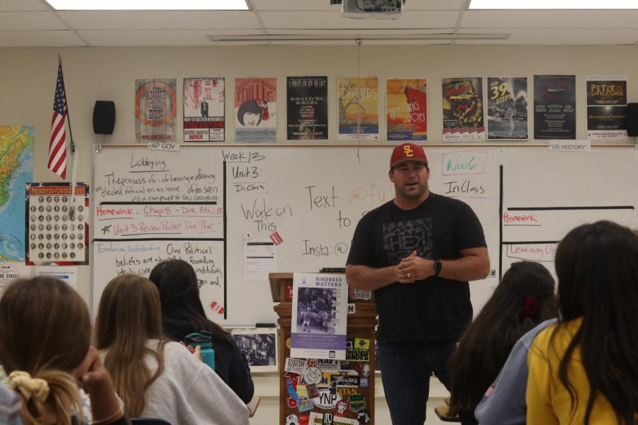 Adam Goodman, former USC fullback, encourages the students of FCA to grow in their faith through sports. Photo by Isaiah Zarate. 
