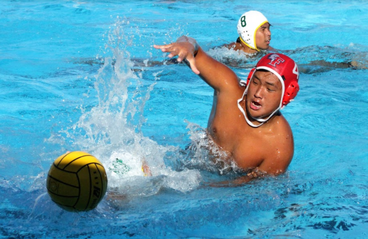 Freshman Preston Kim scored a goal in the 16-6 loss to Chadwick during the first round of CIF Tuesday. This season was the first time in ten years that the boys water polo team qualified for the Division IV CIF. Photo courtesy of Cindy Calmise.