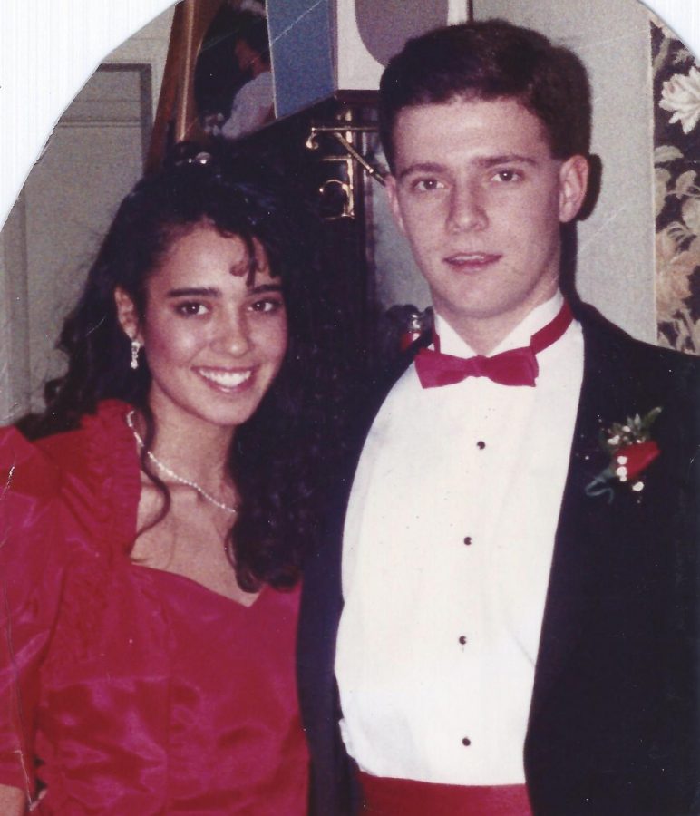 English teacher Michael Alvarez poses with his girlfriend (now wife) before Mayfair High Schools Winter Formal in 1988. Photo courtesy of Michael Alvarez.
