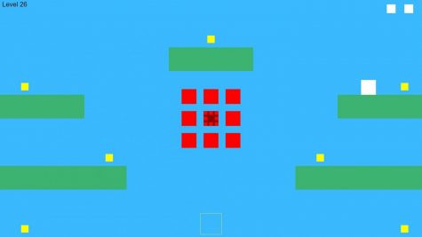 In Plat404mer, the player takes control of a white square, and must move through the level, avoiding the enemies (red squares) until the player controls all of the yellow squares.