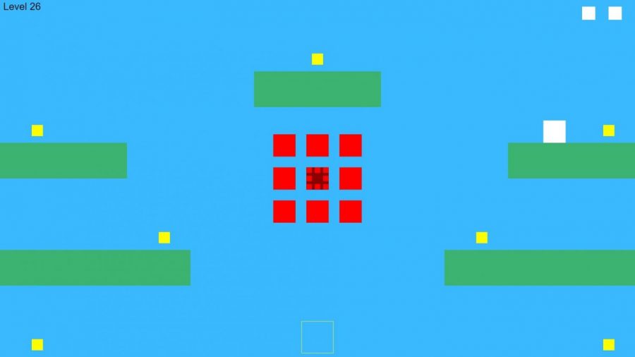  In Plat404mer, the player takes control of a white square, and must move through the level, avoiding the enemies (red squares) until the player controls all of the yellow squares.