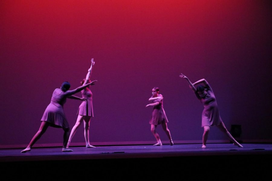 Sophomore Leeyah Gray, junior Rachel Vinson, freshman Rhyan Stevens, and junior Rosa Balderas rehearse their dance ‘’Healing’’ choreographed by junior Cherish Angus. The music is by Sabrina Cladio. Photo by Arashk Alivandi.
