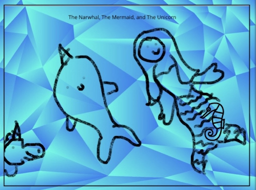 The original cover art for “The Narwhal, the Mermaid, and the Unicorn” from second-grader Mirielle.
