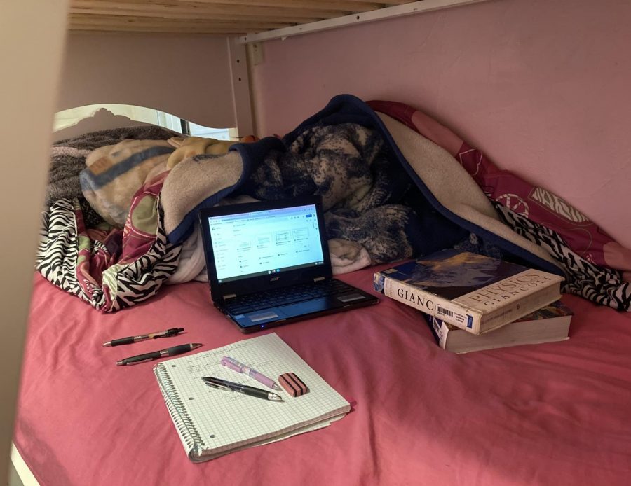 Not having enough work space can worsen mental health. Some students don’t leave their bunk bed for the entire school day. Photo illustration by Alejandra Rodriguez.
