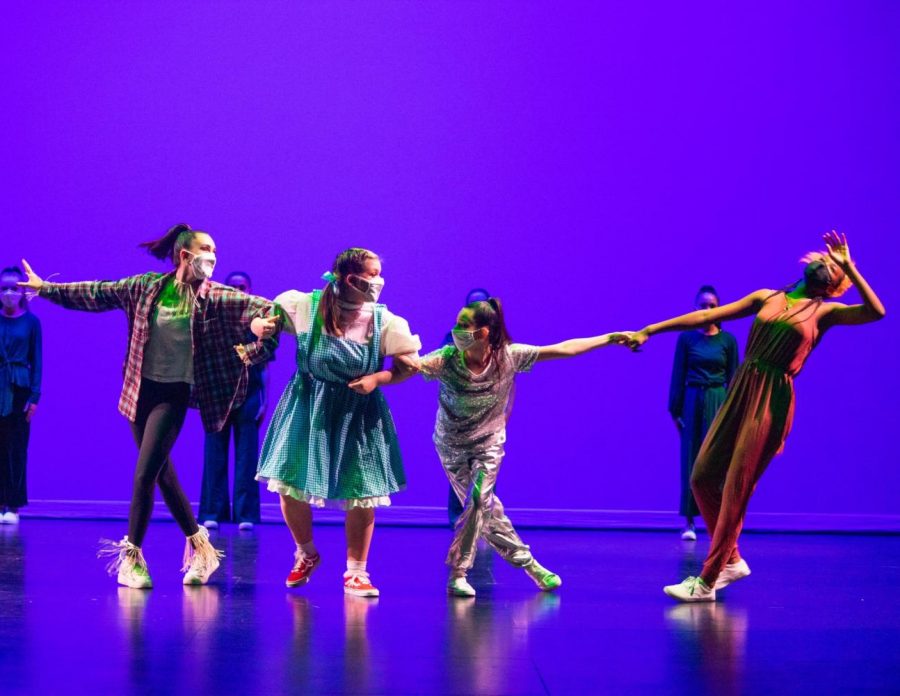 Junior Sofia Ayala choreographed "An Oz Adventure" with music by Labrinth and Zendaya. (Left to right) Sophomore Georgia Niemann as the scarecrow, sophomore Mylah Elisaldez as Dorothy, junior Alexia Estrada as Tin Man and junior Kelcie Barbour as the Cowardly Lion. Photo by Kyrie Varieur.