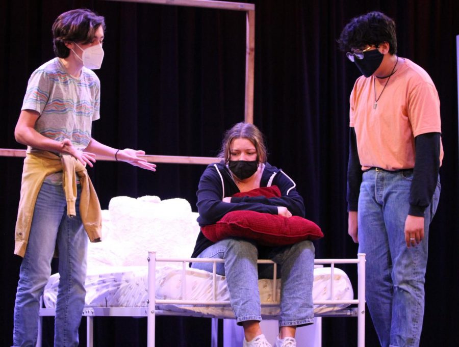 Junior Nolan Shirk (left), junior Haley Cronin (center) and sophomore Cole Frausto (right) perform their scene “Surprise” directed by sophomore Mollie Holbrook. 