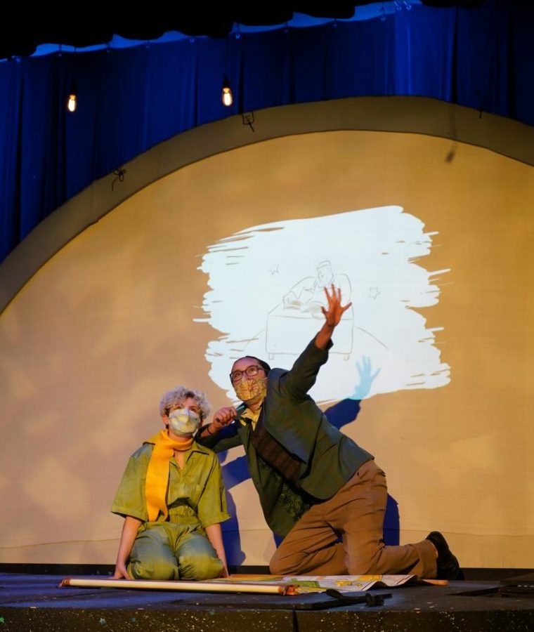 Lighting design for the show includes the projection of the original book’s illustrations by Antoine de Saint-Exupéry, matching the ongoing scenes. Here, junior Sydney Rosas plays the geographer as the original drawing is on the screen.