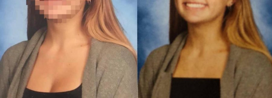 (Left) Student from Bartram Trail High School in her original yearbook photo. (Right) A black editing tool in Photoshop was used to cover the student’s cleavage.
