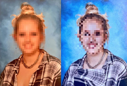 (Left) Original yearbook photo of a student at Bartram Trail High School. (Right) Photoshopped image covering the student’s chest. The altered image on the right was published in the yearbook without consulting the student.