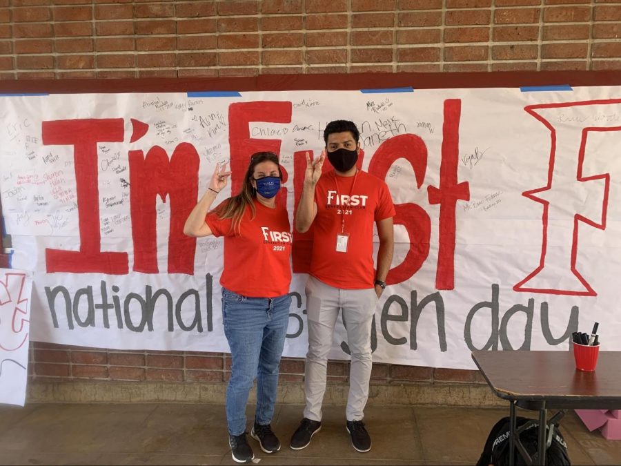 Spanish teachers Magdalena Villalba and Abimael Mendoza are co-advisers of the First Gen Club. They both attended UC Irvine, whose mascot is the Anteater, and proudly showcased their zot hand signs—the zot is the sound an Anteater makes when slurping ants. Villalba graduated from UCI in 1996 with a B.A. in Spanish Literature and earned her Master’s in Latin American Studies in 1999.