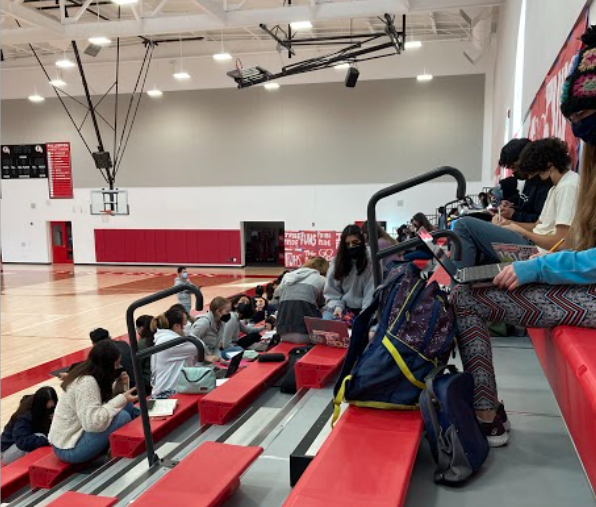 Since students’ return after winter break, there has been a shortage of substitute teachers. Some days, multiple classes meet in the gym so an adult can monitor more than one class at a time.