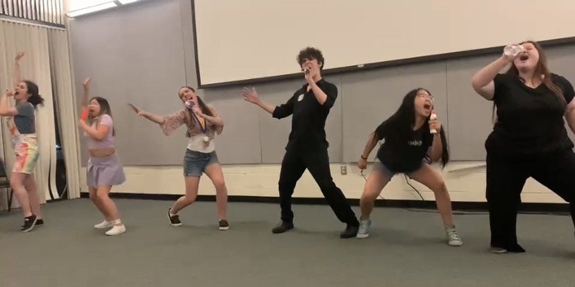 In addition to competing and attending workshops, FUHS thespians were invited to just have fun at the recent festival. (Left to right) Sophomore Emily Gjevre, sophomore JojoFares, sophomore Mollie Holbrook, junior Donny Cannady, sophomore Avery Hung and senior Sarah Kelekoma perform “Ex-Wives” from Six: The Musical in a lip sync battle on April 8 at the California Thespian Festival.