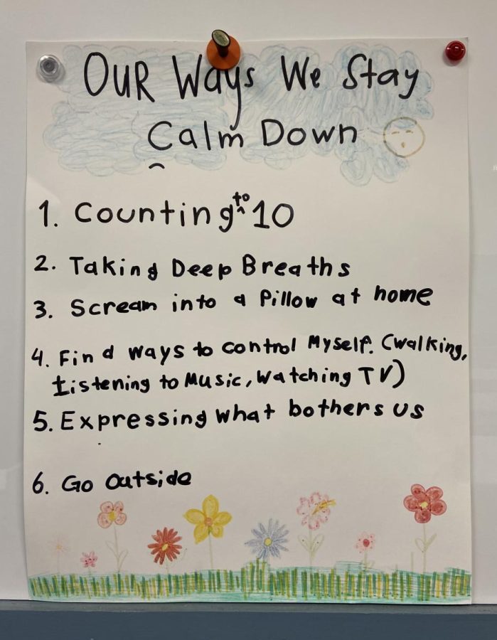 ATP students contribute six ways to handle overwhelming emotions on Spring-decorated poster hanging up in the classroom.