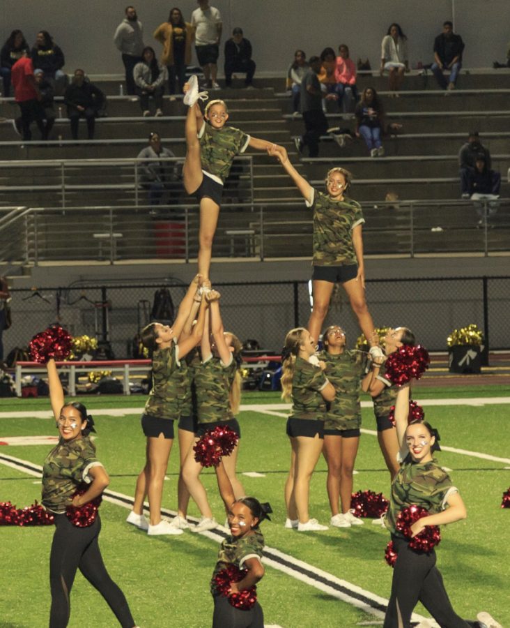 As a 5’0 sophomore, Payton Tomsons was a flyer at the Military Night football game.