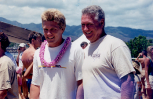 Bill Brown (right) and Billy Brown (left) pictured together in Haleiwa, Oahu in the summer of 2001. Billy placed second overall for the North Shore Swim Series. (Photo courtesy of Billy Brown)