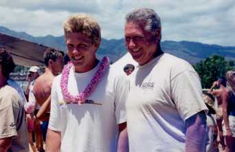 Bill Brown (right) and Billy Brown (left) pictured together in Haleiwa, Oahu in the summer of 2001. Billy placed second overall for the North Shore Swim Series. (Photo courtesy of Billy Brown)
