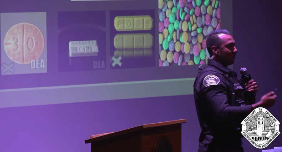 Officer Gene Valencia, Sunny Hills High School SRO, explains the dangers of fentanyl at a parent workshop in October.