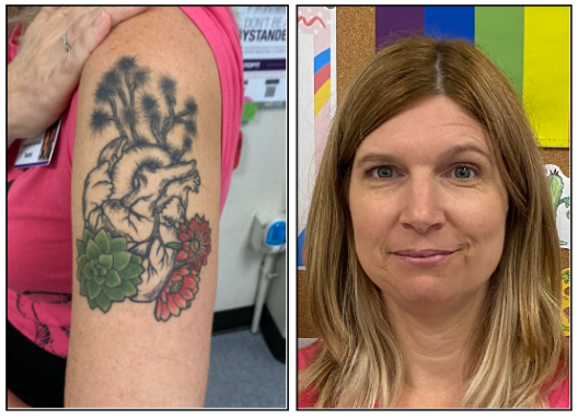Science department co-chair and AP Biology teacher Kristen Cruz finds the human body and nature enthralling, and her tattoo demonstrates that enthusiasm.
“I really love succulents and flowers,” Cruz said, “The Joshua trees that are coming out of the top of the heart are actually from a photo when my husband and I were in Joshua Tree.”
