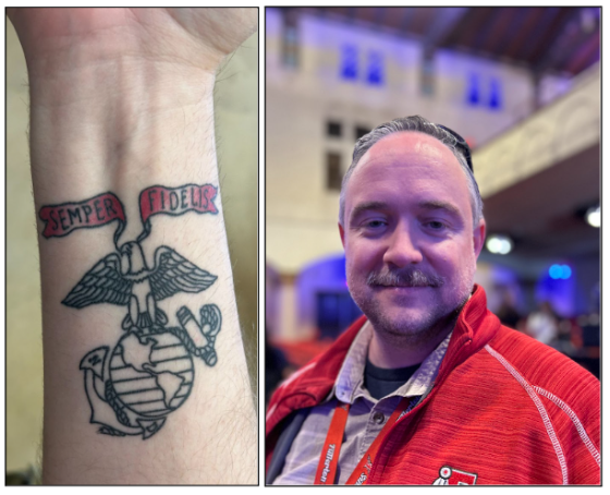Speech and debate coach Tarin Almstedt recently got a tattoo to honor his seven years in the US Marine Corps. A tattoo of the USMC emblem graces the inside of his left forearm.
“The story goes that we stole the rope from the Army, the anchor from the Navy, the eagle from the Air Force,” said Almstedt, “and on the seventh day when God rested we overtook his perimeter and stole the globe.”
The emblem also bears the letters D and N, the initials of his sons Dane and Neal.
