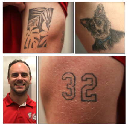 Band director Troy Trimble’s tattoos honor his departed loved ones. Plants on his upper bicep honor Trible’s late youth pastor whose house was “a rainforest of exotic plants.” The tattoo is of his dog Rommel, a name suggested by his own high school band director’s imaginary dog. Thirty-two was Trimble’s father’s football and baseball jersey number in college.
