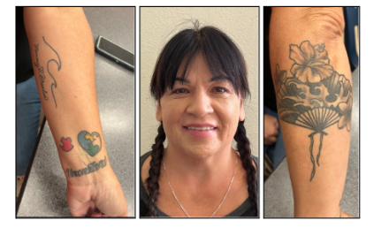 Instructional aide Kimberly Rodrigues’s tattoos were done by her close friend who is based in her home state of Hawaii. The fan and its waves and plumeria and hibiscus flowers are inspired by her state. The Mommy loves Brandon tattoo addresses her son, and the incomplete puzzle tattoo her son’s autism. A tattoo of the word unconditional tells the world the kind of love Rodrigues has for those close to her.
