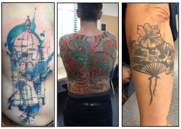 (Left to Right) Evan Shirks auditorium tattoo, Ryan Hertzs dragon tattoo, and Kimberly Rodriguess fan, hibiscus, and plumeria tattoo. (Photos by Evan Shirk, Spike Lopez, and Josie Lee)