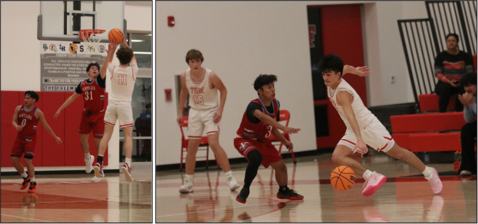 (Left) Sophomore Baylor Wilks (#11) scored 39 points in the 64-56 win against Santa Ana on Dec. 13. (Right) Junior Jeremy Guillen scored 17 points. The boys basketball team had a 64-32 win against Katella High School on Dec. 15. The Tribe will travel to Troy for their first league game on Dec. 22.