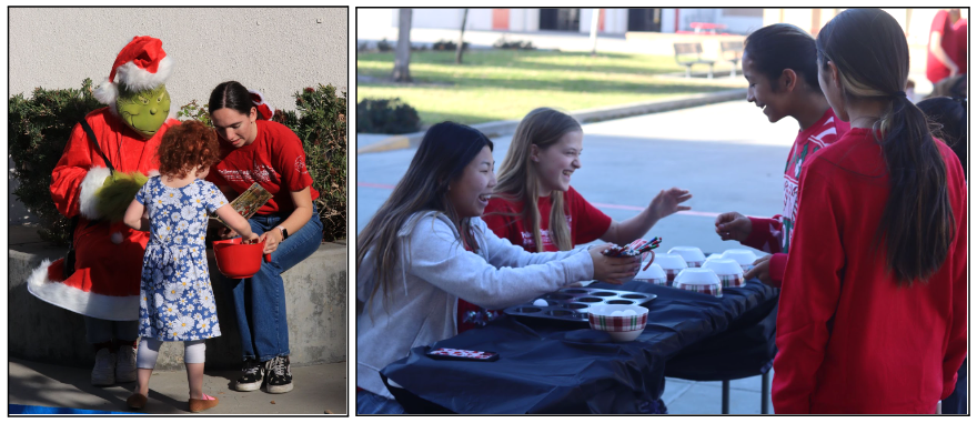 (Left) As part of Home for the Holidays, sponsored by the Choral Booster Club, on Dec. 9 seniors Sydney Parker (dressed as The Grinch) and Molly Holbrook read How the Grinch Stole Christmas to children. Photo by Eadyn Ochoa (Right) Senior Jojo Fares and freshman Skylar Webber manage a table where visitors have the chance to win a prize by bouncing a ping-pong ball into a muffin tin.