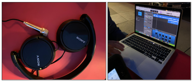 (Left) Sam uses a mini Kikkerland karaoke microphone which costs about $10. (Right) They edit tracks using Garageband on a Mac Pro laptop.