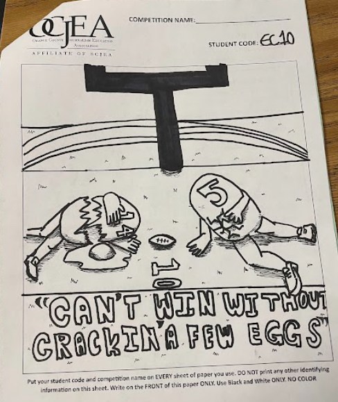Senior Spike Lopez took a humorous approach to the serious topic of brain injuries from tackle football by using a coach quote from the press conference in his editorial cartoon. 