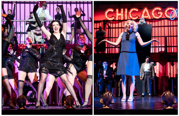 (Left) Senior Mollie Holbrook shines as one of the leads, Velma Kelly, opening the musical with “All That Jazz” while (right) Sydney Parker fights for her innocence as the other lead, Roxie Hart. (Photos courtesy of Scott Edwards-Silva @sedwardsphoto)