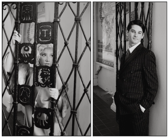 Senior Kayla Monson used the design of the historic auditorium, including iron work and the mural, to create the 1920s mood in these black-and-white promotional photos.