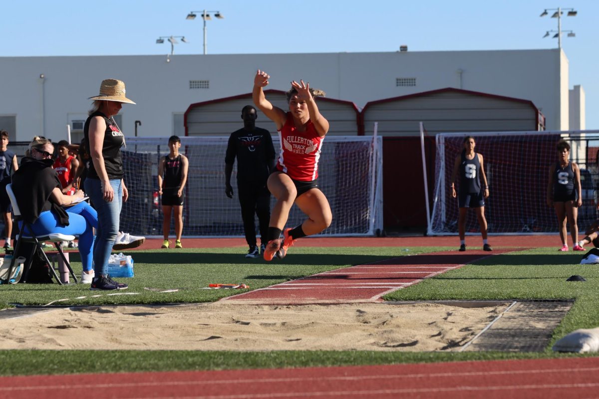 Senior Makayla Felismino breaks the FUHS triple jump record at the Fullerton City Champs with a mark of 35 0.5.