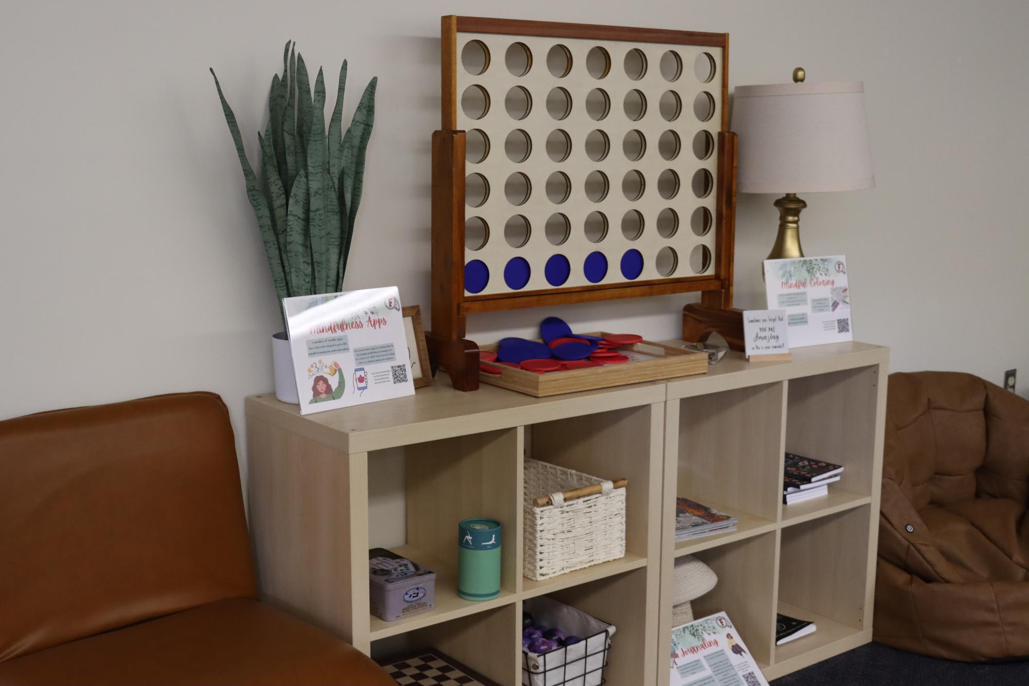 The Wellness Center has many games like Connect 4 for students to enjoy. It also features places to sit and relax while students listen to ambient music.
