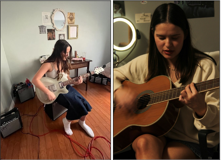 Senior Mia Healey at home. She’s been playing guitar since she was 12. (Left photo courtesy of Mia Healey. Right photo by Angelique De La Cruz)