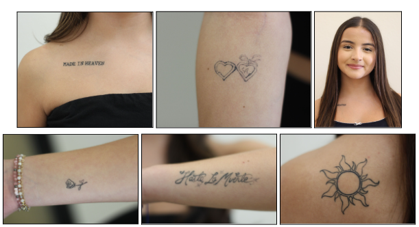 Belinda Araiza has five tattoos. (top left to center) The phrase “Made In Heaven”; locket tattoo matching with her twin sister. (bottom left to right) A rose; the Spanish phrase “Hasta La Muerte”; and the Tangled sun. (Photos by Jasmine Java)