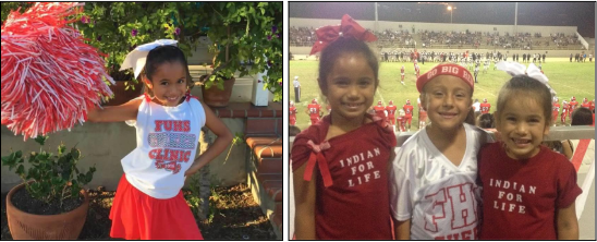 (Left) Audrina Gomez attended the FUHS youth cheer camp in 2015 and 2016. (Right photo) Audrina (left) and her sister Selena (right) attended FUHS football games with Sunnie Dominguez (center) when they were young. Audrina and Sunnie are current FUHS juniors and Selena is a freshman.