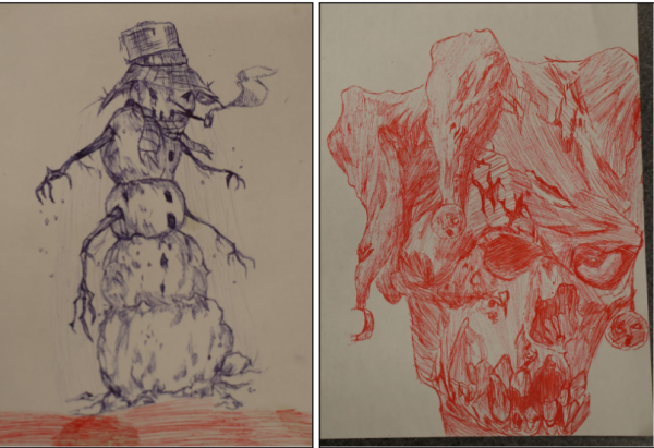 Freshman Aleste Alvarez drew these two pieces with blue and red ballpoint pens.  
