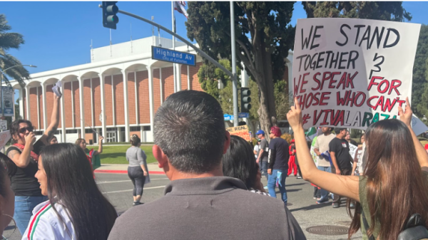 Dare To Struggle protestors marched through Fullerton and stood outside the Fullerton Police Department while holding signs and chanting on Feb. 9. (Photo by Alicia Bennett)