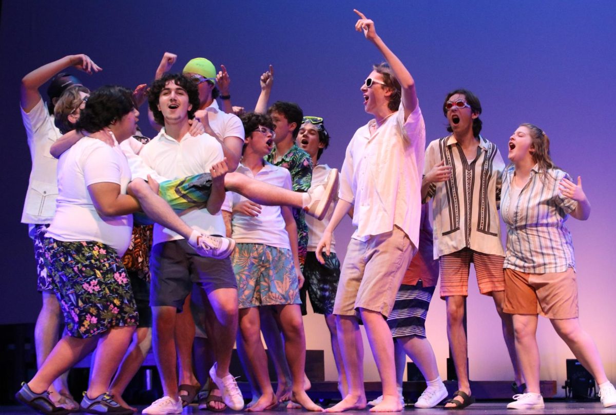 The spring musical Mamma Mia! opens Friday, March 7 at 7 p.m. in the Fullerton Auditorium. Tickets can be purchased at fuhs.booktix.com. General admission is $16. Student tickets are $12. (Above) Freshman Anthony Ervin’s character Sky is carried off to his bachelor party.