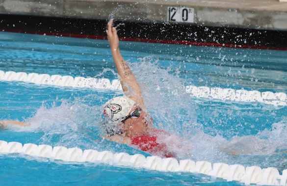Sydney Cruz swims backstroke at the meet against Laguna Hills on April 9. Photo by Audrina Quinonez