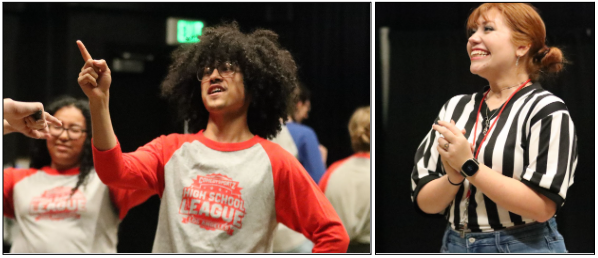 (Left) Sophomore David Santamaria practiced a skit in the black box before a ComedySportz match against Yorba Linda High School on April 23. (Right) Alayna Mayfield was enthusiastic to be the referee for the match. Despite having a small audience, the ComedySportz team managed to use plenty of audience participation to their advantage. Their final match will be on May 16 in the Little Theater.