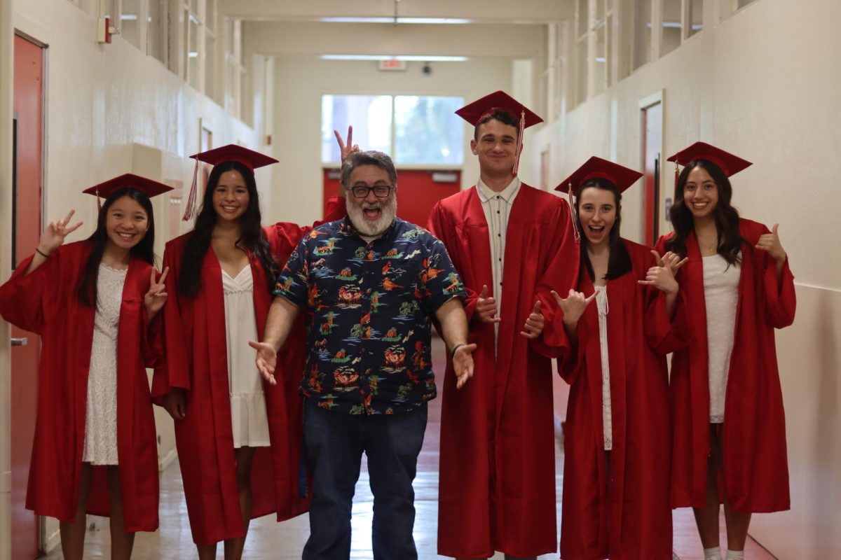 (From left to right) Seniors Francine Bondoc, Lily Guevara, AP Language teacher Leonardo Indelicato, seniors Lincoln Sailhamer, Bonnie Lynch and Rebecca Balarie.
