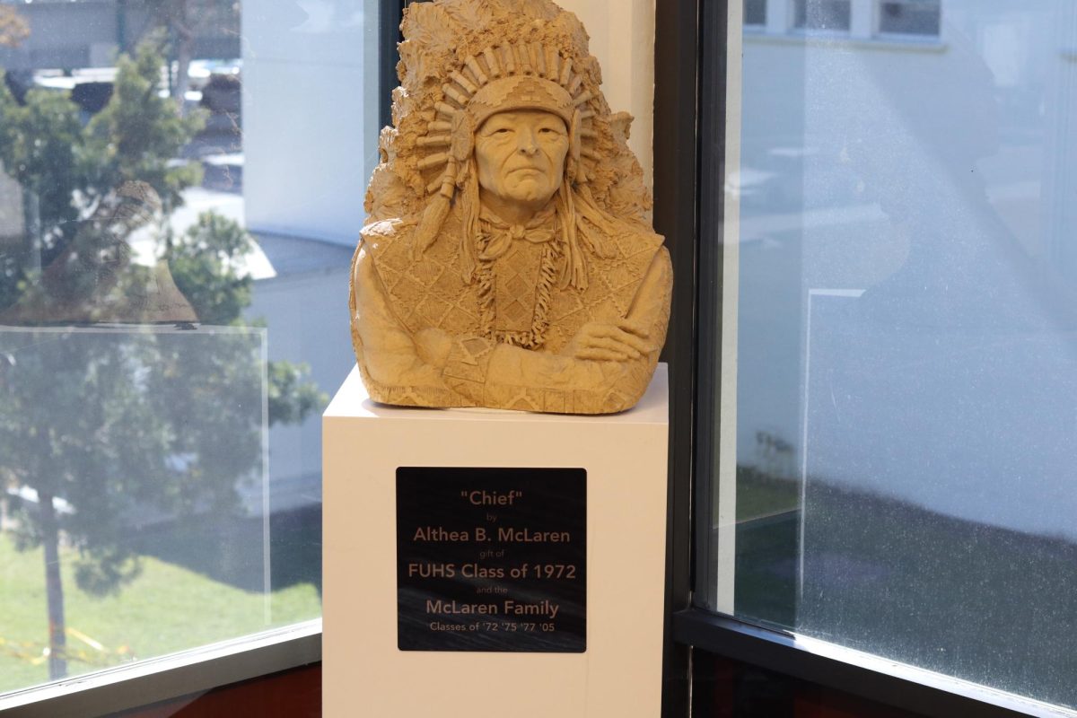 The statue "Chief" by FUHS alumni Althea McLaren depicts the Indian mascot. It is kept on the third floor of the library.