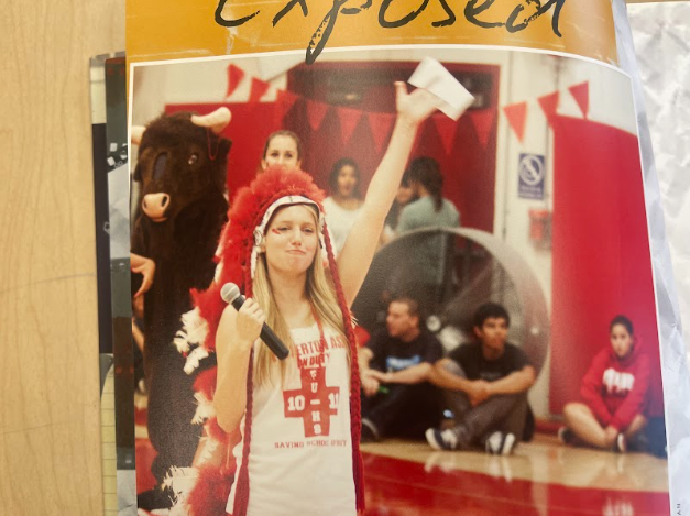 (Photo at left) The Buffalo "spirit mascot" appears for only two years in FUHS yearbooks, including this image from 2011 showing the lingering native headdress and the buffalo in the background at a pep rally. (Photo courtesy of the Pleiades)