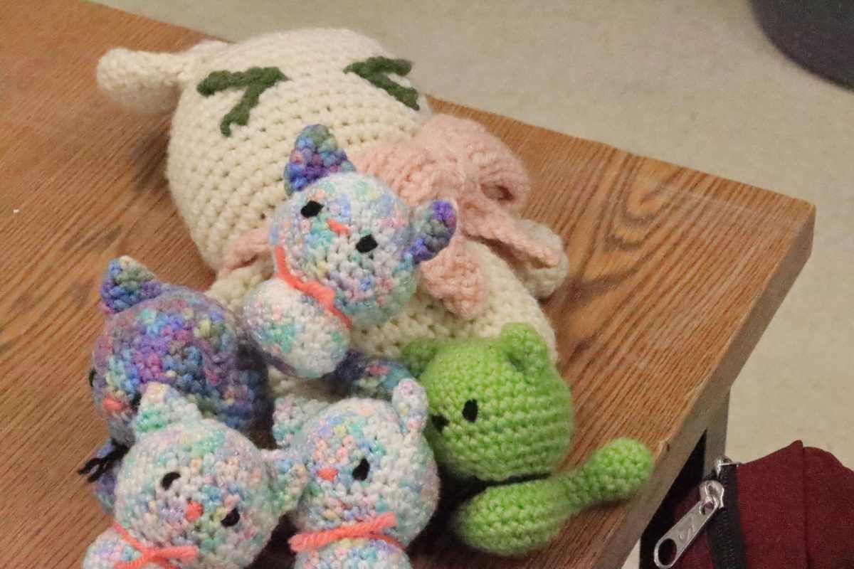 Junior Katelyn Rodriguez displays crocheted plushies she created during Crocheting and Knitting Club meetings. Photo by Xiomara Reyes.
